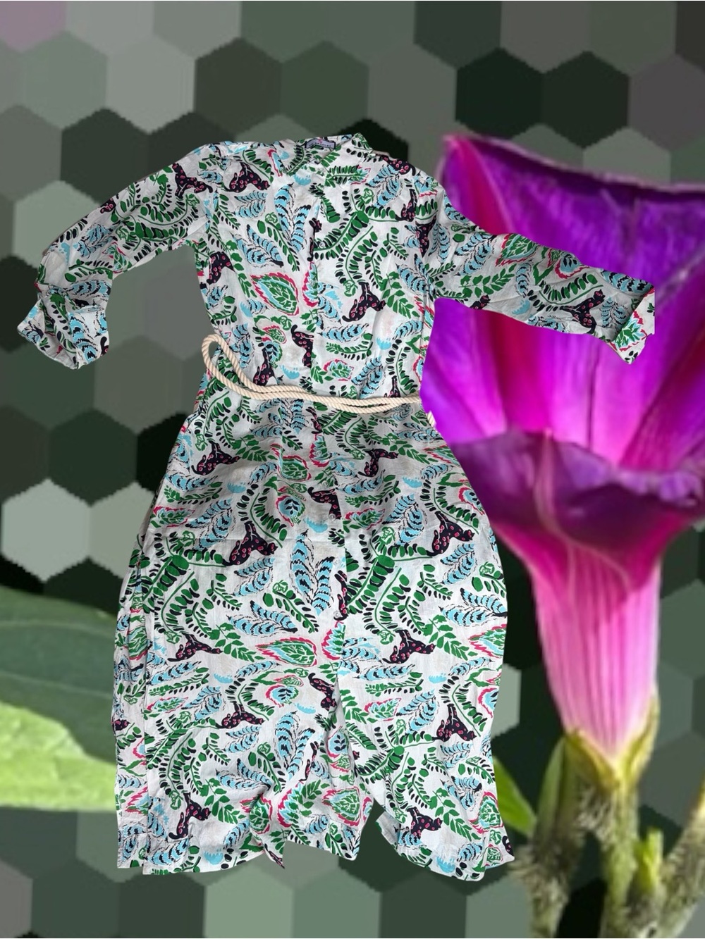Paisley Midi Dress in White & Green Like New